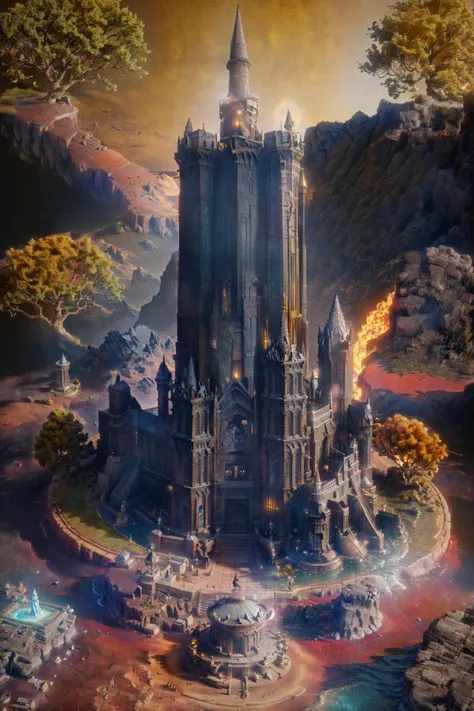 dusk, darkness, monsters,mini\(ttp\), elden\(scene\), (8k, RAW photo, best quality, masterpiece:1.2), (realistic:1.37),(an black spire, ancient magic castle, a statue,  (a giant golden tree)), miniature, landscape, (((isometric))),<lora:miniature_V1:0.7>, <lora:ER_scene_V1:0.7>