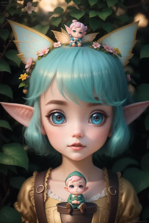 Fairytale, dreamlike, octane render, 3d, 8k, gouache painting, Vibrant pastel colors, cinematic character render, lush illumination, chibi kawaii, Insanely detailed close up adorable portrait vintage pixie garden gnome fairy, Detailed face, delicate face, large round reflective eyes, Nicoletta Ceccoli, Mark Ryden, Craig Davison, <lora:epiNoiseoffset_v30:1>