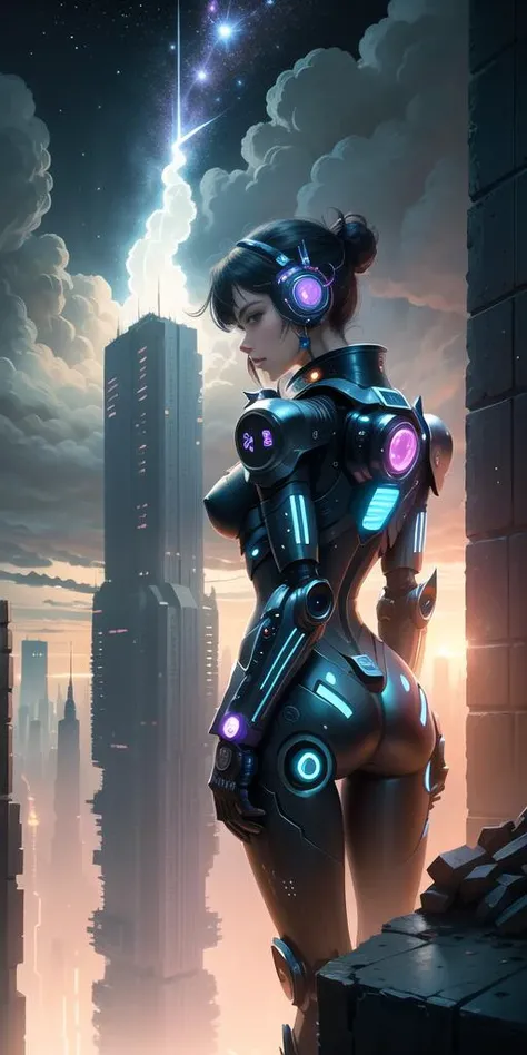 ((best quality)), ((masterpiece)), (detailed), cinematic lighting, cartoon, universe, high view, (blocks towers), wallpaper, (dark cloud, night sky, star sky, height fog, clear sky), stylized color, looking down, cyberpunk, top down, robots, wallpaper, flying cars, retro colors
