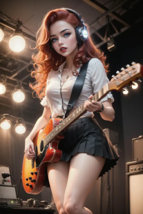 Photo of 1girl, flirting to the camera, ((cinematic light)), hyper detail, (poor quality photo:1.2), blurry, dramatic light, intricate details, best quality, (detailed background:1.4), (beautiful detailed face, beautiful detailed eyes), High contrast, (girl:1.5), solo, black skirt, blue eyes, electric guitar, headphones, holding, holding plectrum, instrument, long hair, one side up, redhead, playing guiter, pleated skirt, black, dynamic angle, full body, cowboy shot, red lips