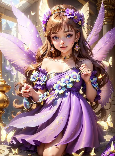 masterpiece, (((best quality))), ((highly detail eyes)), ((perfect eyes)), ((((beautiful eyes)))), both eyes are the same, smooth, (((((perfect face))))), extremely detailed 8K, high resolution, ultra quality, glare, Iridescent, Global illumination, real hair movement, realistic light, realistic shadow, perfect quality, detailed shadow and light, pixar, ((FANTASY)), ((MAGIC)), (((cinematic light))), colorful, hyperdetail, dramatic light, intricate details, best quality, (extremely detailed CG unit 8k wallpaper, masterpiece, best quality, ultradetailed, best shadow), (detailed background: 1.4), (beautiful and detailed face, beautiful detailed eyes), High contrast, (better lighting, extremely delicate and beautiful) beautiful and detailed brightness, 3D, HIPER quality, 2K, 3K, 5K, 6K, 7K, 8K, 

((((cute and delicate girl)))), ((((light brown  hair))))),((medium hair)), ((((kawaii)))), ((cute eyes))) , ((((kawaii eyes))))

((((Princess)))), ((((Princess flower crown))))

((((CHIC PERFECT PRINCESS LONG PURPLE FEATHER BRIGHT WITH FLOWERS AND GLITTER)))), ((((((PURPLE DRESS)))))
shiny crystal shoes, ((gold accessories, gold earrings, flower accessories, pearl accessories)),((happy expression)), (((blue crystals)))

((((INTERIOR OF THE CASTLE, CASTLE ROOM WITH FLOWERS, CASTLE ROOM WITH SUNSHINE, COZY CASTLE, BRIGHT CASTLE, CASTLE ROOM WITH LAMPS, PILLOWS, ))), ((WATER FOUNTAIN WITH ROSE FLOWERS)))), ((LAKE, SHELLS, FLOWERS,WATER SOURCE))), ((FIREPLACE))

(((SHINES, SPARKLES)), GOLD, (((sparkles))), ((shiny butterflies flying)),