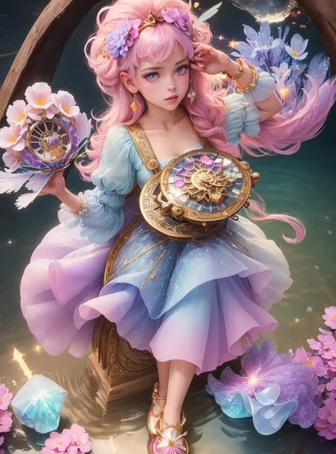 masterpiece, (((best quality))), highly detail eyes, (perfect eyes), beautiful eyes, both eyes are the same, smooth, perfect face, extremely detailed 8K, high resolution, ultra quality, glare, Iridescent, Global illumination, real hair movement, realistic light, realistic shadow, perfect quality, detailed shadow and light, pixar, ((FANTASY)), ((MAGIC)), (sakimichan), ((cinematic light)), colorful, hyperdetail, dramatic light, intricate details, best quality, (extremely detailed CG unit 8k wallpaper, masterpiece, best quality, ultradetailed, best shadow), (detailed background: 1.4), (beautiful and detailed face, beautiful detailed eyes), High contrast, (better lighting, extremely delicate and beautiful) beautiful and detailed brightness, 3D, HIPER quality, 2K, 3K, 5K, 6K, 7K, 8K one young girl sitting on the bridge, ((((SMOOTHNESS, CLEAN IMAGE)))), ((cute eyes)), colorful
pink hair, medium hair, green blue eyes, (((((Long dress detailed glitter pastel rainbow crystal princess dress ))))), ((((Big chic princess dress))), ((rainbow feathers)), (((flowers,))) , ((((shiny crystal shoes)))), ((gold accessories, gold earrings, flower accessories, pearl accessories))
LAKE, BRIDGE, (((((CLOCK))))), MIRROR WATER, (((((FLOWERS IN THE LAKE))))), FOUNTAIN, (((LIGHTS SHINING IN THE LAKE))), BUSHES, NATURE
(((WOOD, BLUE CRYSTALS ON WOOD, PEARLS ON WOOD))), (((blue crystals))), ((((MAGIC LIBRARY)))), (((FOREST)))
(((((magical ancient place)))))
