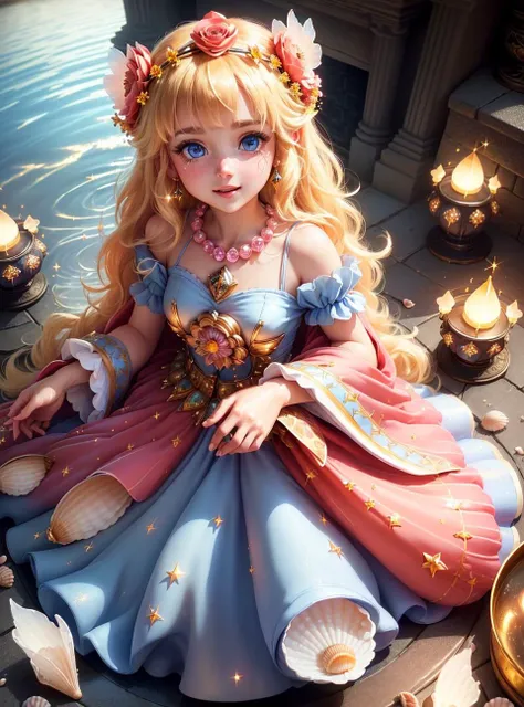 masterpiece, (((best quality))), ((highly detail eyes)), ((perfect eyes)), ((((beautiful eyes)))), both eyes are the same, smooth, (((((perfect face))))), extremely detailed 8K, high resolution, ultra quality, glare, Iridescent, Global illumination, real hair movement, realistic light, realistic shadow, perfect quality, detailed shadow and light, pixar, ((FANTASY)), ((MAGIC)), (((cinematic light))), colorful, hyperdetail, dramatic light, intricate details, best quality, (extremely detailed CG unit 8k wallpaper, masterpiece, best quality, ultradetailed, best shadow), (detailed background: 1.4), (beautiful and detailed face, beautiful detailed eyes), High contrast, (better lighting, extremely delicate and beautiful) beautiful and detailed brightness, 3D, HIPER quality, 2K, 3K, 5K, 6K, 7K, 8K,
((((cute and delicate girl)))), ((((blonde hair))))),((medium hair)), ((((kawaii)))), ((cute eyes))) , ((((kawaii eyes))))
((((Princess)))), ((((Princess flower crown))))
(((((LONG FLOWER BIG dress detailed glitter pastel RED crystal princess dress))))),
shiny crystal shoes, ((gold accessories, gold earrings, flower accessories, pearl accessories)),((happy expression)), (((((blue crystals)))))
((((INTERIOR OF THE CASTLE, CASTLE ROOM WITH FLOWERS, CASTLE ROOM WITH SUNSHINE, COZY CASTLE, BRIGHT CASTLE, CASTLE ROOM WITH LAMPS, PILLOWS, ))), ((WATER FOUNTAIN WITH ROSE FLOWERS)))), (SHELL ACCESSORY), ((((((LAKE, SHELLS, FLOWERS,WATER SOURCE))))))), (((((FIREPLACE)))))
(((SHINES, SPARKLES)), GOLD, (((sparkles))), ((shiny butterflies flying)),