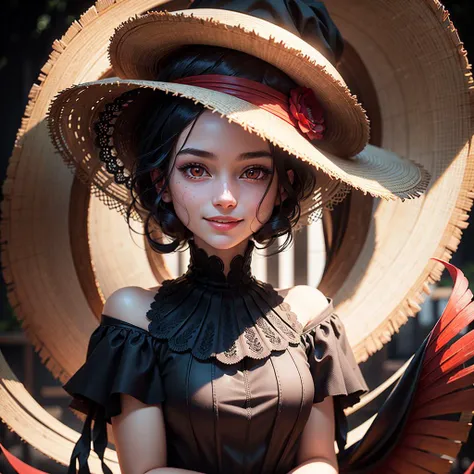 portrait of a girl, black dress, white skin, large straw hat, smiling, detailed red eyes, extremely detailed, (afternoon:1.1), photorealistic, warm atmosphere, natural lighting, (solo:1.3)