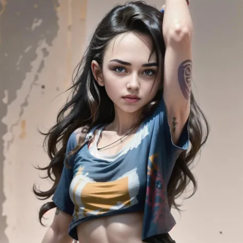 (1girl), medium breasts, tan, dewy skin, sweaty skin, wavy black hair, punk tshirt, punk girl reaching up to something high<lora:Cyborg Lace:1.0>