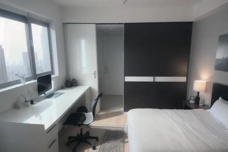 masterpiece, best quality,
The bedroom is sleek and minimalist, with a queen-sized bed in the corner. The bed has a black leather headboard and a gray duvet, creating a contrast with the white walls. The walls are bare, except for a large flat-screen TV and a digital clock. The floor is polished concrete, with a black and white geometric rug under the bed. There is a glass desk and a swivel chair on the opposite wall, where you can work or surf the internet. There is also a built-in closet, a sliding door and a smart mirror, all controlled by voice or touch. There is a small window on the ceiling, with an automatic blind that can adjust the light and temperature. The window offers a panoramic view of the city skyline, where you can see skyscrapers and neon lights. The bedroom is a futuristic and functional space, where you can enjoy your technology and privacy.
