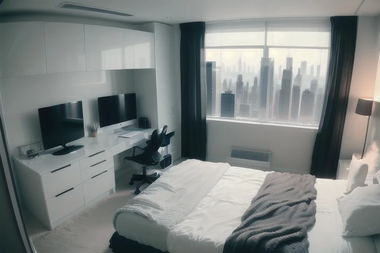masterpiece, best quality,
The bedroom is sleek and minimalist, with a queen-sized bed in the corner. The bed has a black leather headboard and a gray duvet, creating a contrast with the white walls. The walls are bare, except for a large flat-screen TV and a digital clock. The floor is polished concrete, with a black and white geometric rug under the bed. There is a glass desk and a swivel chair on the opposite wall, where you can work or surf the internet. There is also a built-in closet, a sliding door and a smart mirror, all controlled by voice or touch. There is a small window on the ceiling, with an automatic blind that can adjust the light and temperature. The window offers a panoramic view of the city skyline, where you can see skyscrapers and neon lights. The bedroom is a futuristic and functional space, where you can enjoy your technology and privacy.