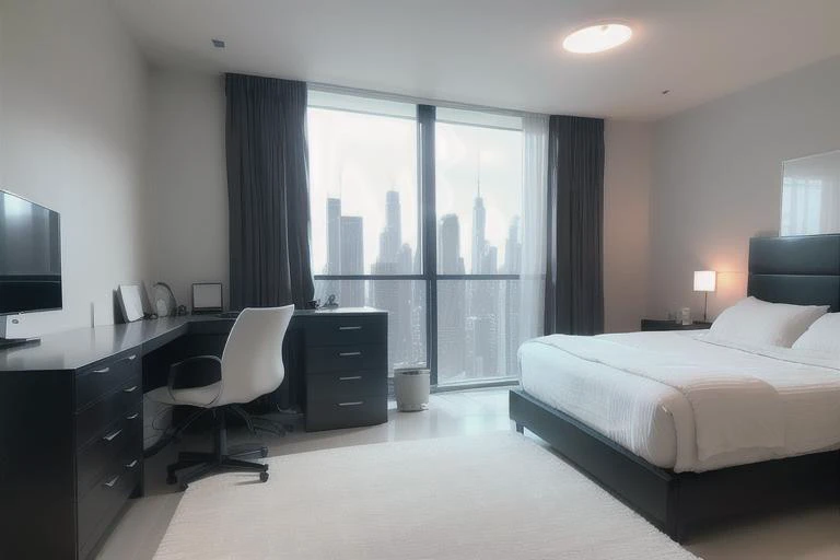 masterpiece, best quality,
The bedroom is sleek and minimalist, with a queen-sized bed in the corner. The bed has a black leather headboard and a gray duvet, creating a contrast with the white walls. The walls are bare, except for a large flat-screen TV and a digital clock. The floor is polished concrete, with a black and white geometric rug under the bed. There is a glass desk and a swivel chair on the opposite wall, where you can work or surf the internet. There is also a built-in closet, a sliding door and a smart mirror, all controlled by voice or touch. There is a small window on the ceiling, with an automatic blind that can adjust the light and temperature. The window offers a panoramic view of the city skyline, where you can see skyscrapers and neon lights. The bedroom is a futuristic and functional space, where you can enjoy your technology and privacy.