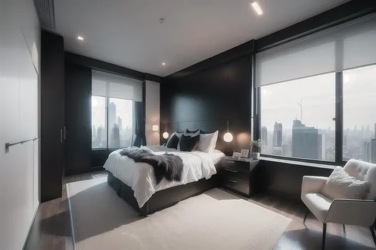 masterpiece, best quality,
The bedroom is sleek and minimalist, with a queen-sized bed in the corner. The bed has a black leather headboard and a gray duvet, creating a contrast with the white walls. The walls are bare, except for a large flat-screen TV and a digital clock. The floor is polished concrete, with a black and white geometric rug under the bed. There is a glass desk and a swivel chair on the opposite wall, where you can work or surf the internet. There is also a built-in closet, a sliding door and a smart mirror, all controlled by voice or touch. There is a small window on the ceiling, with an automatic blind that can adjust the light and temperature. The window offers a panoramic view of the city skyline, where you can see skyscrapers and neon lights. The bedroom is a futuristic and functional space, where you can enjoy your technology and privacy.