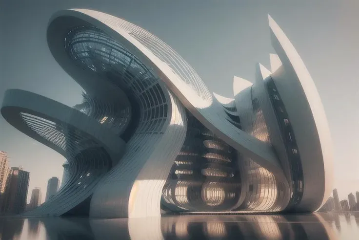 masterpiece, best quality,
The building looks like a giant twisted ribbon, curving and looping around itself. It is made of glass and steel, reflecting the light and the surrounding scenery. It has no windows or doors, only openings that lead to different levels and sections. It is a masterpiece of architecture and engineering, a stunning example of creativity and innovation.