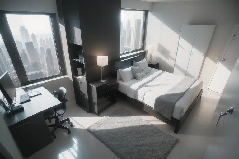 masterpiece, best quality,
The bedroom is sleek and minimalist, with a queen-sized bed in the corner. The bed has a black leather headboard and a gray duvet, creating a contrast with the white walls. The walls are bare, except for a large flat-screen TV and a digital clock. The floor is polished concrete, with a black and white geometric rug under the bed. There is a glass desk and a swivel chair on the opposite wall, where you can work or surf the internet. There is also a built-in closet, a sliding door and a smart mirror, all controlled by voice or touch. There is a small window on the ceiling, with an automatic blind that can adjust the light and temperature. The window offers a panoramic view of the city skyline, where you can see skyscrapers and neon lights. The bedroom is a futuristic and functional space, where you can enjoy your technology and privacy.