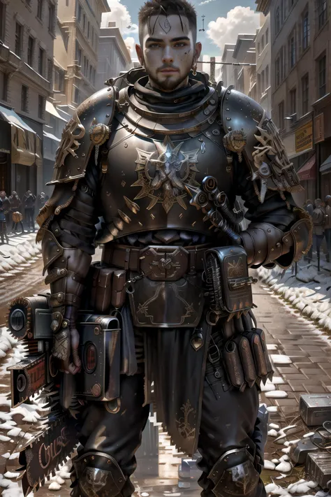 <lora:adventurers_v1:0.8><lora:warhammer40000AddonFor_wh40k:0.6> young man, masterpiece, wearing armor, (metal reflections), hdr, best quality, uhd, 8k resolution, best light, (carrying a chainsaw blade), realistic, detailed background, detailed face, detailed hands, full body, (crowded street)