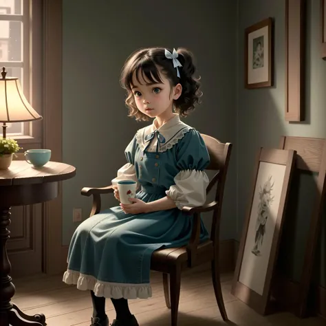 ((best quality)), ((masterpiece)), (detailed), a scene of an cute character girl sitting on a chair, Victorian age clothes, (shy miniature), Cute small girl, chibi, 1girl, solo, beautiful eyes, disney artwork, unreal engine, cozy indoor lighting, fantasy, artstation, detailed, digital painting,cinematic,character design by mark ryden and pixar and hayao miyazaki, unreal 5, hyperrealistic, octane render, in a vintage Living Room, in Cypernoir style <lora:epiNoiseoffset_v2:1>
