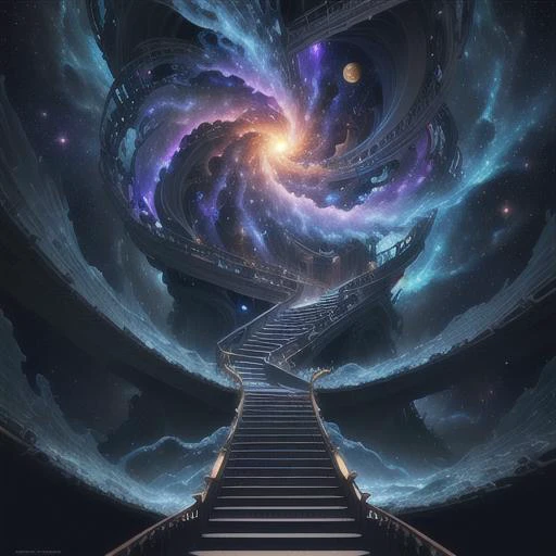 ((best quality)), ((masterpiece)), (high detail), (highres), staring up into the infinite length of the universe, endless galaxies, , dangerous black holes, exploding super novas, floating stars, endless staircases, star nebulas, ominous, cinematic atmosphere, negative dark mode, mc escher, art by senseijaye, matrix atmosphere, digital code swirling, matte painting