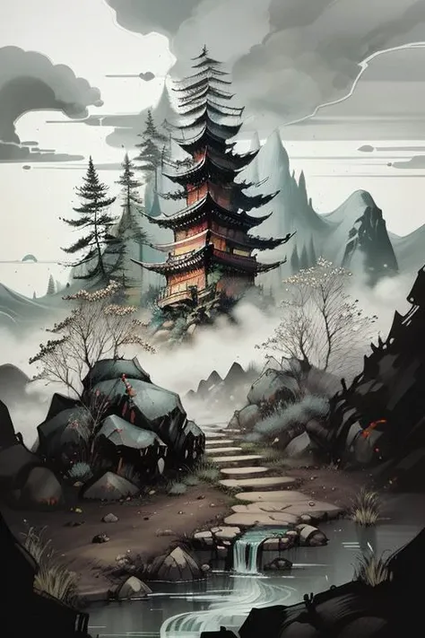 Chinese martial arts style, with vast sky, continuous mountains and steep cliffs, ink wash style, outline light, atmospheric atmosphere, depth of field, mist rising, bamboo, pine trees, stone pavilions, waterfalls,ink <lora:wyy-000009:0.8>