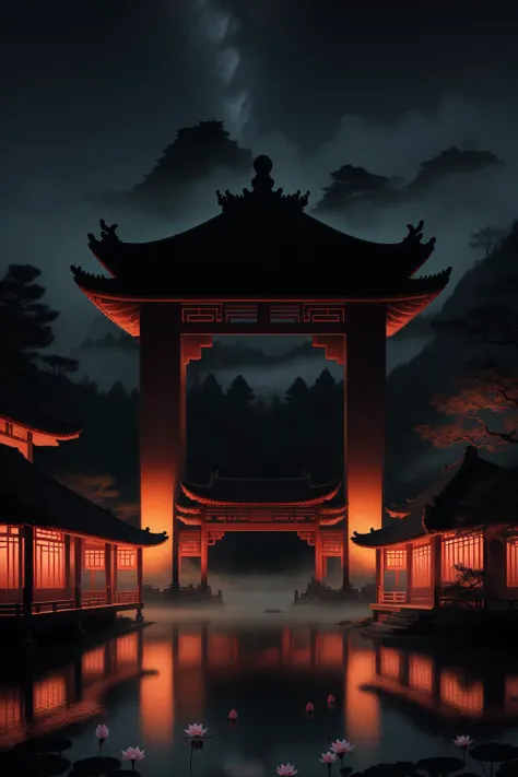 Chinese martial arts style, large area sky, ink style, outline light, atmospheric atmosphere, depth of field, mist rising, lake water, lotus flowers and leaves, small boats, pine trees, octagonal stone pavilions, arch bridges, night view,(No color) <lora:wyy-000009:0.6> <lora:wgz_style:0.4>