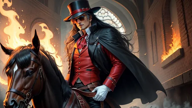 (extremely detailed CG unity 8k wallpaper), masterpiece, best quality, highly detailed, highly detailed face, 1 adult long-limbed broad-shouldered adult man, 45 years old, solo, alucard, hellsing, vampire style, bad ass look, art by Kōta Hirano, long hair, jet-black hair, bangs fall slightly in his eyes, strands on the sides of his bangs framing his face , classic Victorian fashion, charcoal suit, leather riding boots, intricately knotted red cravat, full-length red frock overcoat with cape, wide floppy brimmed red fedora, heavily tinted orange circular sunglasses, goggle sidings, white gloves, black 454 Casull Magnum on hand, night, walking, church in flames, intricate, intricate details, masterpiece, best quality, highly detailed, highly detailed face, 1 adult long-limbed broad-shouldered adult man, 45 years old, solo, alucard, hellsing, bad ass look, art by Kōta Hirano, long hair, jet-black hair, bangs fall slightly in his eyes, strands on the sides of his bangs framing his face , classic Victorian fashion, charcoal suit, leather riding boots, intricately knotted red cravat, full-length red frock overcoat with cape, wide floppy brimmed red fedora, circular heavily tinted orange sunglasses, goggle sidings, white gloves, black 454 Casull Magnum on hand, walking, church in flames, digital art, artstation