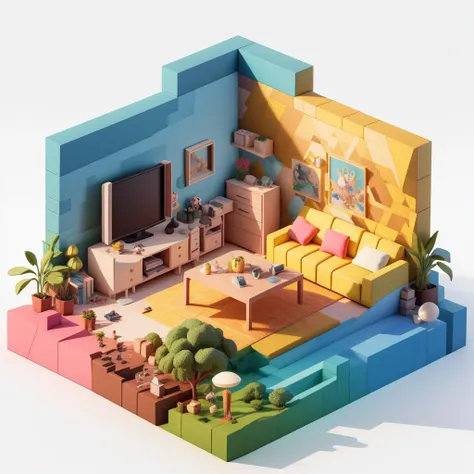 (Isometric perspective:1.5),(Pixar style:1.2), Room, bed, sofa,(small bonsai:0.8),desk lamp, TV, mural, 3D,Disney,Panoramic photo,White background, solid background,Global illumination, raytracing, modeling,HDR,octane render,unreal render,behance,dribbble,artstation,best quality, 8k,  <lora:blindbox_V1Mix:1>