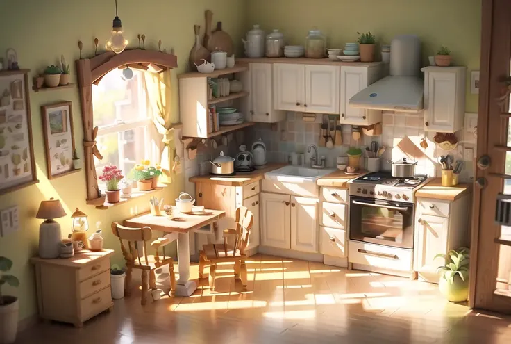 (Pictures are cute 2.5d models of kitchens, masterpieces: 1.6), (best quality: 1.4), (detailed miniatures: 2.0), (isometric design: 1.5), (hyperdetails: 2.0), (charming illustration style: 1.5), (Beth Hamiti: 1.5), (vintage furniture: 2.0), stove, refrigerator, sink, (set of tables and chairs: 1.8), (windows: 2.0), lush plants, food, wooden floors, window lights, bright colors