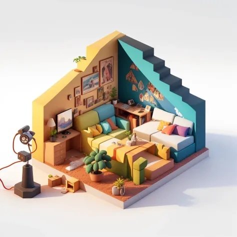 (Isometric perspective:1.5),(Pixar style:1.2), Room, bed, sofa,(small bonsai:0.8),desk lamp, TV, mural, 3D,Disney,Panoramic photo,White background, solid background,Global illumination, raytracing, modeling,HDR,octane render,unreal render,behance,dribbble,artstation,best quality, 8k,  <lora:blindbox_V1Mix:1>