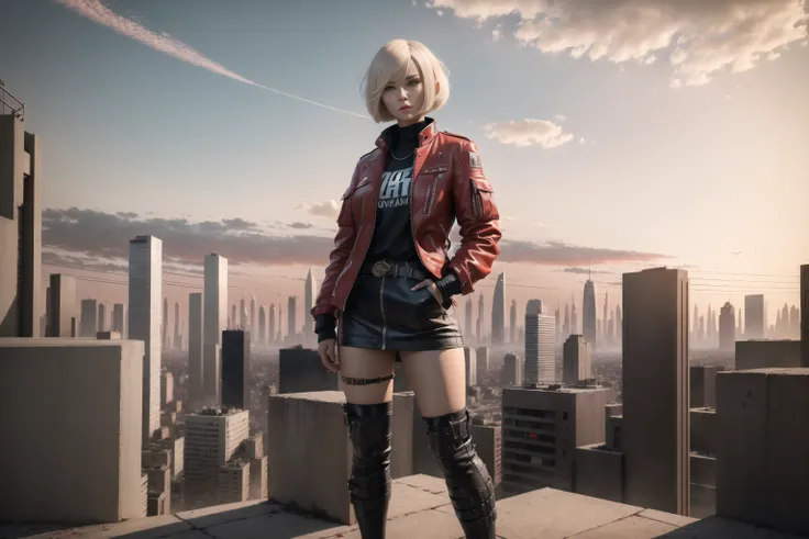 ((best quality)), ((masterpiece)), (detailed) 1girl, absurdres, platinum blonde hair, bob cut, akira outfit style, post apocalyptic city, cinematic, 8k uhd, red skies, full render, full body, panoramic shot, (high detailed face:1), (thicc:0.5)