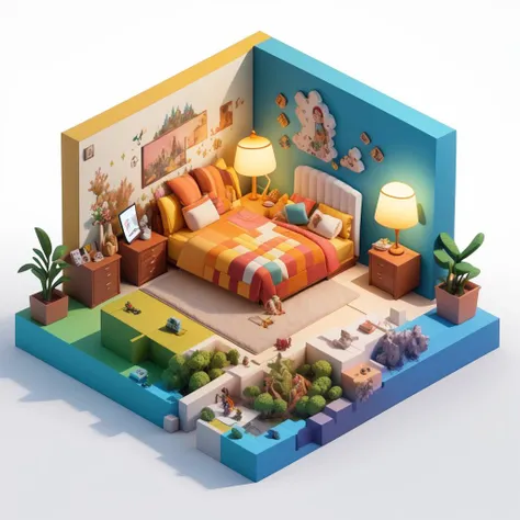 (Isometric perspective:1.5),(Pixar style:1.2), Room, bed, sofa,(small bonsai:0.8),desk lamp, TV, mural, 3D,Disney,Panoramic photo,White background, solid background,Global illumination, raytracing, modeling,HDR,octane render,unreal render,behance,dribbble,artstation,best quality, 8k, <lora:blindbox_V1Mix:1>