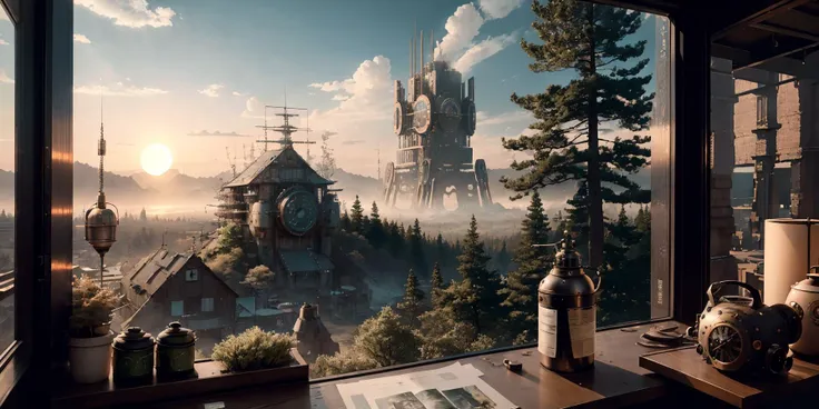 masterpiece, best quality,(high quality:1.2), extremely detailed,CG unity 8k wallpaper, award winning photography, Bokeh, HDR, bloom, Chromatic Aberration ,Photorealistic,extremely detailed, trending on artstation, trending on CGsociety, Intricate, High Detail, dramatic, art by midjourney, panoramic,landscape,setting sun,Giant robots,in ruins, steam robots, steam punk,((complex)),moss,(tree:0.4) <lora:koreanDollLikeness_v10:0.6>,