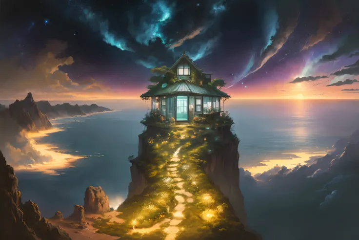 Shot from a birds eye view angle is a detailed ocean with a small greenhouse with lots of plants on a small island in the style of Studio Ghibli, krenz cushart art, by relseiy, by miho hirano, (((night))), (((landscape))), vibrant colors, volumetric lighting, ((space)), high detail, 8k, hdr, uhd, professional drawing, anime, Studio Ghibli artwork