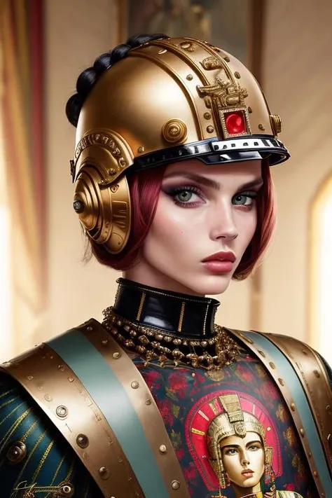 ((best quality)), ((masterpiece)), (detailed), a fashion magazine editorial portrait of a roman android, wearing a punk helmet by Valentino, warm light by Cosmopolitan, shot by Leica