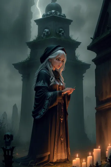 ((Best quality)), ((masterpiece)), ((realistic)), ((beautiful female wizard)) , in a deserted graveyard, during a violent thunderstorm, at midnight, wearing robes and ((holding skulls)), casting spells to summon the spirits of the dead, blood dripping from their fingertips, on eye level, scenic, masterpiece.