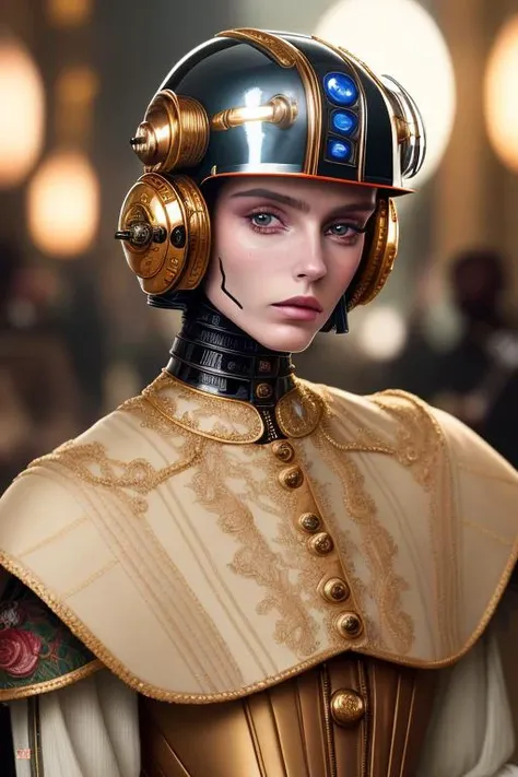 ((best quality)), ((masterpiece)), (detailed), a fashion magazine editorial portrait of a victorian droid, wearing a cyber helmet by Gucci, warm light by Vogue, shot by Leica