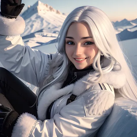 ((realistic)), ((ultrarealistic)), ((detailed))1girl, on top of an ice mountain, long white hair, fur jacket, black pants, smiling