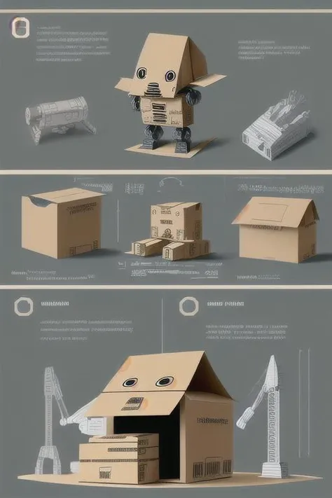 masterpiece, best quality
a cute Robot made out of cardboard boxes:: engineering blueprints, infograph, retro illustration --mp
