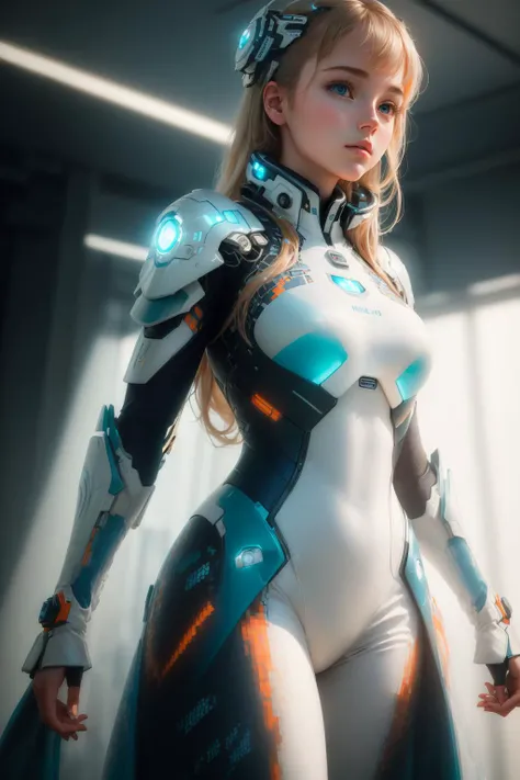 ((Best quality)), ((masterpiece)), ((realistic)), (1 girl:1.4), Biological beauty in a futuristic suit, in the style of dark white and light azure, technological symmetry, jessica drossin, martin ansin, light orange and light cyan, meticulous design, kai fjell