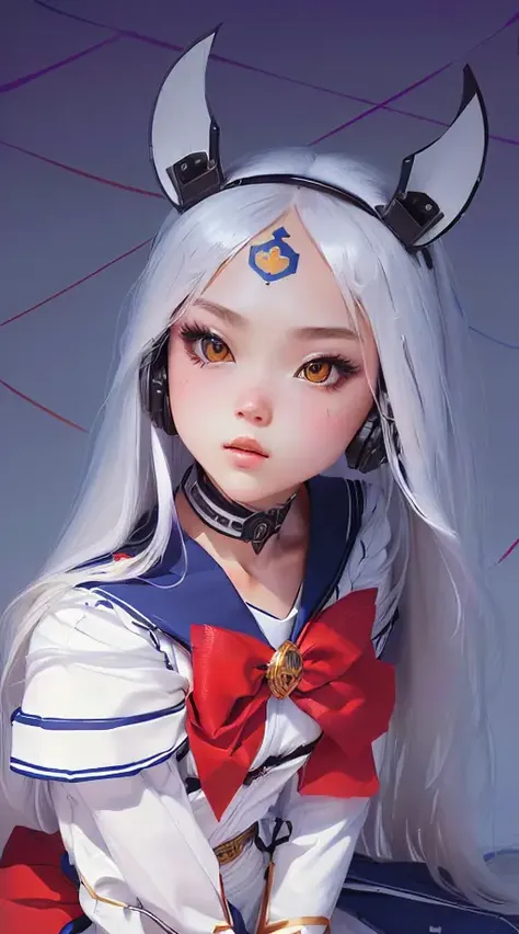 Simple background, white background,solo, (simple background, white background:1.3), (masterpiece),(best quality),(ultra-detailed), (full body:1.2),raw photo,1 girl,Battle Maiden, sailor suit, Katana, robot arm, Long hair, right arm forward, colorful, game character design, concept design,