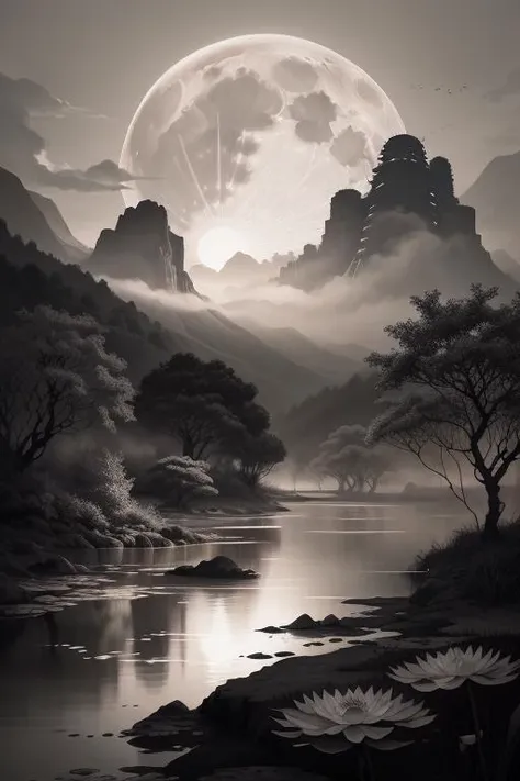 masterpiece,best quality,Chinese martial arts style,an asian night scene with lanterns and water lilies,asian pond with many lanterns and boatsa night scene with many lights and boats in the water, Lake surface, lotus flowers,beautiful night scene,(((Chinese martial arts style))), with vast sky, continuous mountains and steep cliffs, ink wash style, outline light, atmospheric atmosphere, depth of field, mist rising, bamboo, pine trees, octagonal stone pavilion, waterfall flowing water,big full moon,(No color) , Monochrome, light color,<lora:wyy-000009:1> <lora:wgz_style:0.4>