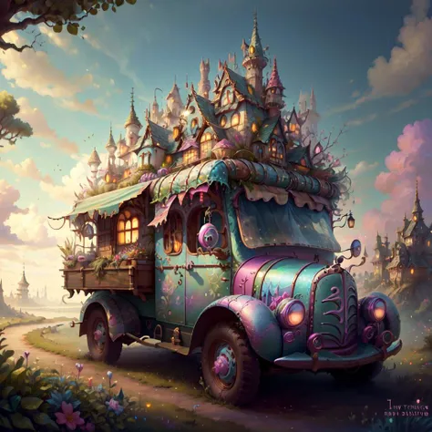 <lora:FairTaleAI:.75> FairyTaleAI magic truck ,