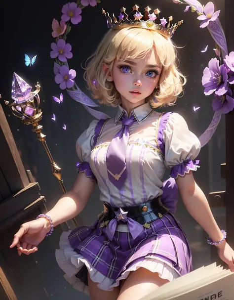 masterpiece, (((best quality))), ((highly detail eyes)), ((perfect eyes)), ((((beautiful eyes)))), both eyes are the same, smooth, (((((perfect face))))), extremely detailed 8K, high resolution, ultra quality, glare, Iridescent, Global illumination, real hair movement, realistic light, realistic shadow, perfect quality, detailed shadow and light, pixar, ((FANTASY)), ((MAGIC)), (((cinematic light))), colorful, hyperdetail, dramatic light, intricate details, best quality, (extremely detailed CG unit 8k wallpaper, masterpiece, best quality, ultradetailed, best shadow), (detailed background: 1.4), (beautiful and detailed face, beautiful detailed eyes), High contrast, (better lighting, extremely delicate and beautiful) beautiful and detailed brightness, 3D, HIPER quality, 2K, 3K, 5K, 6K, 7K, 8K, 

young, ((blonde hair)), ((short hair)) (((perfect eye))), hair tied back, (((black eyes)))
((((purple pastel school shirt with tie)))), (((((purple pastel princess plaid skirt))))) ((((book)))), ((((witch hat with flowers and crystals))))), magic crystals , (((blue crystals))), blouse detailed with gold, pearls, (((star accessories)))), stars, (butterflies flying), (((flowers on the backdrop))) (((PRINCESS))) (((((kawaii))))), (((((PRINESS CROWN))))) (((crystal crown))), (((((PRINCESS CLOTHES)))))

((((big castle))), books on the shelf, magic sparkles, magic castle school, clock, plants, candles