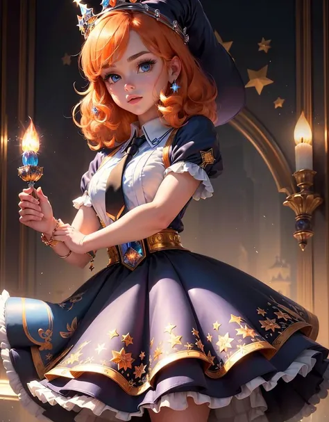 masterpiece, (((best quality))), ((highly detail eyes)), ((perfect eyes)), ((((beautiful eyes)))), both eyes are the same, smooth, (((((perfect face))))), extremely detailed 8K, high resolution, ultra quality, glare, Iridescent, Global illumination, real hair movement, realistic light, realistic shadow, perfect quality, detailed shadow and light, pixar, ((FANTASY)), ((MAGIC)), (((cinematic light))), colorful, hyperdetail, dramatic light, intricate details, best quality, (extremely detailed CG unit 8k wallpaper, masterpiece, best quality, ultradetailed, best shadow), (detailed background: 1.4), (beautiful and detailed face, beautiful detailed eyes), High contrast, (better lighting, extremely delicate and beautiful) beautiful and detailed brightness, 3D, HIPER quality, 2K, 3K, 5K, 6K, 7K, 8K,
young, ((ligt orange hair)), ((medium hair)) (((perfect eye))), hair tied back, (((black eyes)))
(((blue school shirt with tie))), (((blue princess plaid skirt))) ((((book)))), ((((witch hat with flowers and crystals))))), magic crystals , (((blue crystals))), blouse detailed with gold, pearls, (((star accessories)))), stars, (butterflies flying), (((flowers on the backdrop))) (((PRINCESS))) ((((kawaii)))), (((((PRINESS CROWN))))) (((crystal crown))), ((((PRINCESS CLOTHES))))
((((big castle))), books on the shelf, magic sparkles, magic castle school, clock, plants, candles