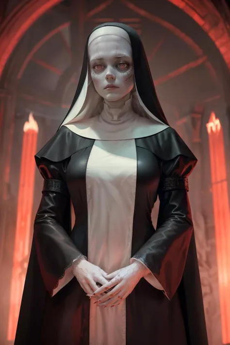 shot from below, photo of daisy head as a nun, (pale:1.8), (possessed:2), (glow:1.3), burn, ember, gorgeous, dramatic red lighting, dark fantasy, moody, harrowing, detailed face and eyes, higly detailed skin, 8k uhd, sharp focus, professional, best quality