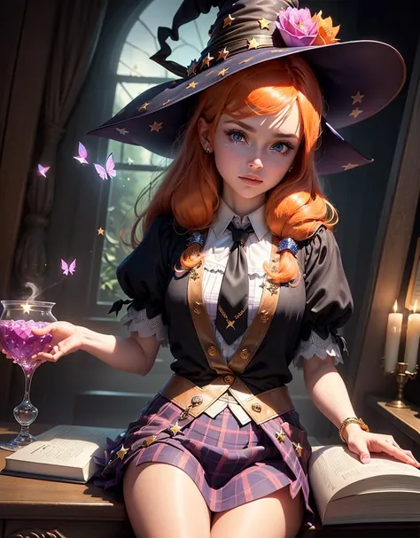 masterpiece, (((best quality))), ((highly detail eyes)), ((perfect eyes)), ((((beautiful eyes)))), both eyes are the same, smooth, (((((perfect face))))), extremely detailed 8K, high resolution, ultra quality, glare, Iridescent, Global illumination, real hair movement, realistic light, realistic shadow, perfect quality, detailed shadow and light, pixar, ((FANTASY)), ((MAGIC)), (((cinematic light))), colorful, hyperdetail, dramatic light, intricate details, best quality, (extremely detailed CG unit 8k wallpaper, masterpiece, best quality, ultradetailed, best shadow), (detailed background: 1.4), (beautiful and detailed face, beautiful detailed eyes), High contrast, (better lighting, extremely delicate and beautiful) beautiful and detailed brightness, 3D, HIPER quality, 2K, 3K, 5K, 6K, 7K, 8K,
young girl, ((orange hair)), ((long hair)) (((perfect eye))), tied hair, (((black eyes)))
(((BLACK school blouse with tie))) (((pink plaid skirt))) ((((book)))) and magic wand, (((((witch hat with flowers and crystals))))), magic crystals, (((blue crystals))), detailed blouse with gold, pearls, (((((stars accessories))))), stars, ((butterflies flying)), (flowers)
((((big school of magic)))), school, inside the school, fantasy school, books on the shelf, magic sparkles, ((potion)), studying at school, clock, plants, candles