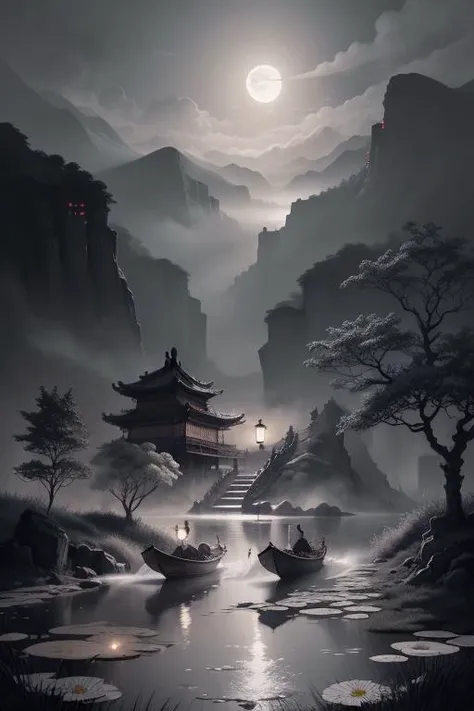 masterpiece,best quality,Chinese martial arts style,an asian night scene with lanterns and water lilies,asian pond with many lanterns and boatsa night scene with many lights and boats in the water, Lake surface, lotus flowers,beautiful night scene,(((Chinese martial arts style))), with vast sky, continuous mountains and steep cliffs, ink wash style, outline light, atmospheric atmosphere, depth of field, mist rising, bamboo, pine trees, octagonal stone pavilion, waterfall flowing water,big full moon,(No color) , Monochrome, light color,<lora:wyy-000009:1> <lora:wgz_style:0.4>