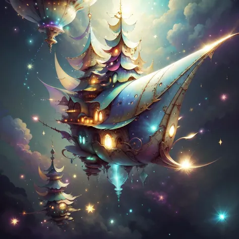 <lora:FairTaleAI:.75> FairyTaleAI spaceship flying in space ,