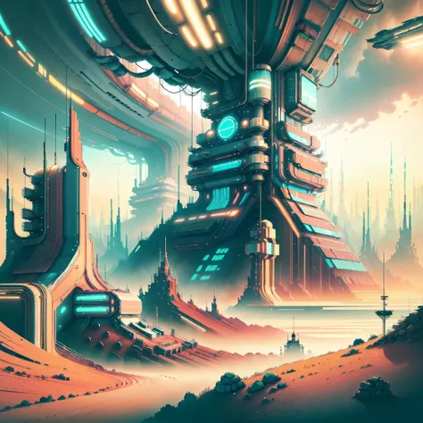 illustration, trending <lora:RetroFuturismAI:1>, RetroFuturismAI landscape