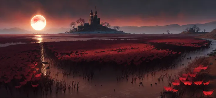 Bloodborne,empty mirror,Landscape,At dusk,night,setting sun,overall red tone,(red blood petals floating in the sky),The time period is between 19:00 and 21:00, A red blood valve, (HDR), unreal engine, cinematic lighting, Conceptual art, chiaroscuro, depth of field, UHD, ((super detail, high quality, best quality, ccurate, 16k)),1772Pixel-1280Pixel,Natural scenery,outside,bloody sky,HDR,messy,ornate,high detail,intricate details, hyperdetailed:1.15,detailed background,ferocious mountain,Water and ink,the elden ring stly,dark souls stly,