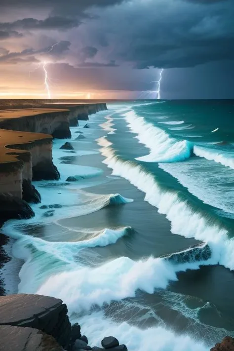 photo of coastline, rocks, storm weather, wind, waves, lightning, 8k uhd, dslr, soft lighting, high quality, film grain, Fujifilm XT3