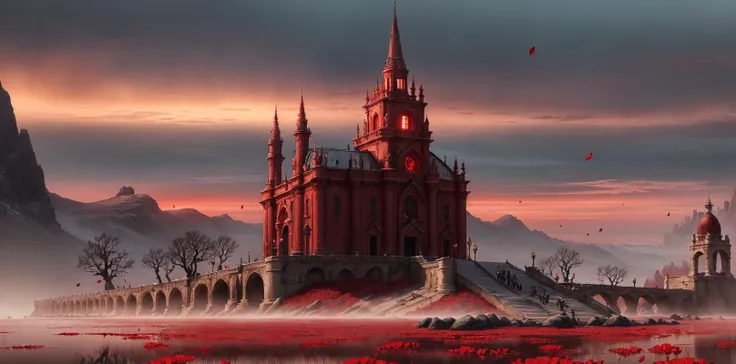 Bloodborne,empty mirror,Landscape,At dusk,night,setting sun,overall red tone,(red blood petals floating in the sky),The time period is between 19:00 and 21:00, A red blood valve, (HDR), unreal engine, cinematic lighting, Conceptual art, chiaroscuro, depth of field, UHD, ((super detail, high quality, best quality, ccurate, 16k)),1772Pixel-1280Pixel,Natural scenery,outside,bloody sky,HDR,messy,ornate,high detail,intricate details, hyperdetailed:1.15,detailed background,ferocious mountain,Water and ink，