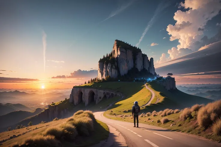 (masterpiece, best quality, photorealistic, absurdres, 8k:1.2), intricate details, ((2boys)), Daft Punk, standing, from behind,
winding road, paradise, sunlight, bright color palette, warm, open landscape, cliff, mountains, limitless possibilities, clear sky, wispy clouds, crystal clear, never-ending experience, 
timeless memories, fleeting moments, vivid dreams, fading sunset, lost in music,