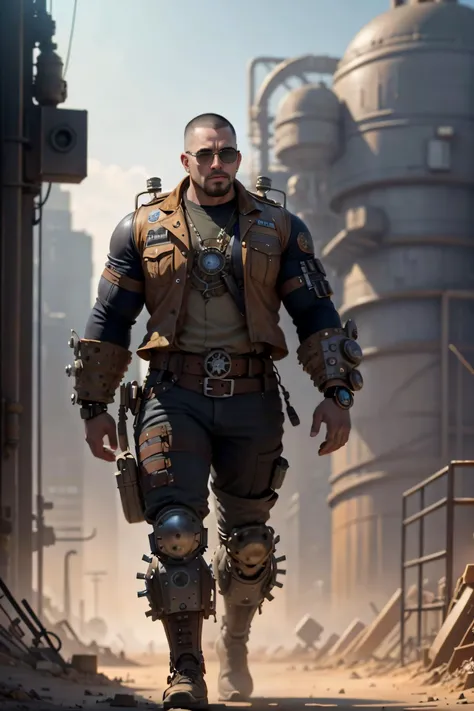 a male  in a wasteland  ,big muscle,big bulge, glasses,buzz cut,steampunk style,steampunk art, complex mechanical devices such as gears, pipes, valves,(huge Industrial architecture:1.4),grey theme,retrofuturism,Insane details , (Fujiflim XT3),20 megapixel, detailed, movie grain,