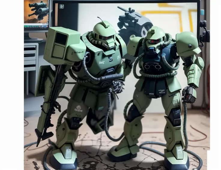 Best quality, masterpiece, single monitor, mech posing inside a computer monitor, renovation worker, mech painting a wall, dirty marks<lora:zaku:1>